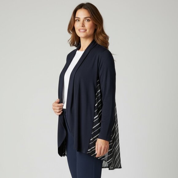 Chico’s Size 3 (XL 16/18) Navy Open Front Cardigan Striped Chiffon Back Mixed Me - Picture 1 of 8